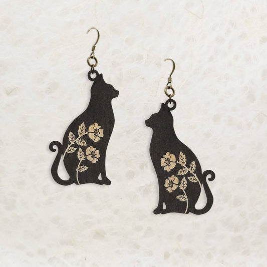 Black Cat Printed Wood Earring